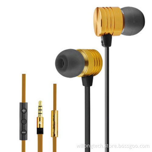 Golden Metal Stereo Earphone with Metal Microphone, Flat Cable
